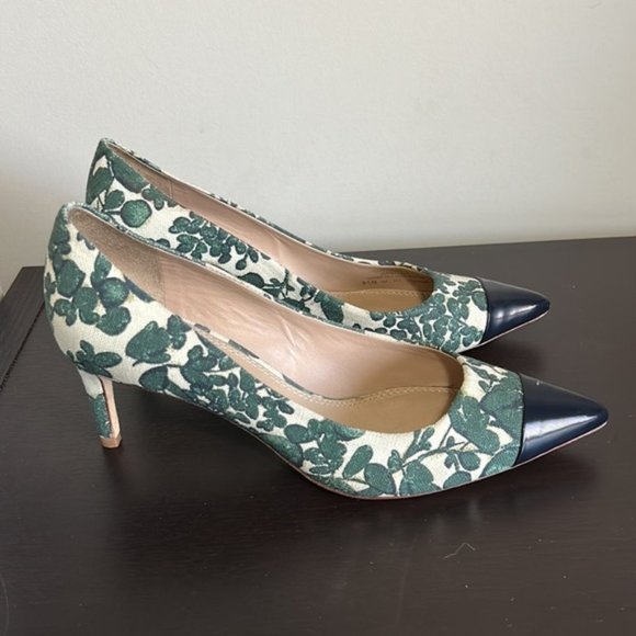 TORY BURCH Issy Floral Heel Pumps Cap Toe Green Cream Sz 8.5 - Picture 1 of 9
